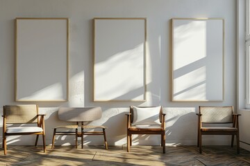 Fototapeta premium Sunlit Rustic Interior with Cozy Chair and Pampas Grass Decor, Empty Frame on Weathered Wall