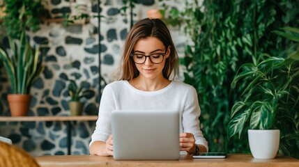 Young Woman Working on Laptop in Greenery Environment