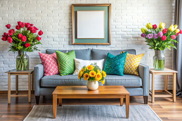 modern living room, A chic sofa arrangement adorned with vibrant cushions and lively flowers, fostering a bright and welcoming vibe. Display mock-up poster frame.