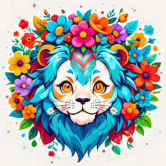 Fototapeta premium illustration of lion animal mascot head with cute flowers on white background.
