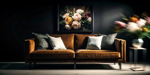 modern living room, A chic sofa arrangement adorned with vibrant cushions and lively flowers, fostering a bright and welcoming vibe. Display mock-up poster frame.