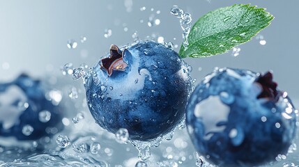 Fresh Blueberries with Water Droplets and Green Leaf in High Definition Close-Up