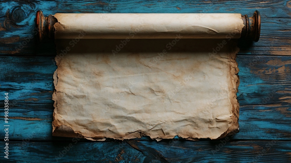 Poster ancient scroll on rustic wooden table - vintage paper document with weathered edges on blue wooden b