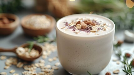 Delicious nutty smoothie topped with oats and almonds set against a rustic kitchen backdrop in soft lighting. Generative AI