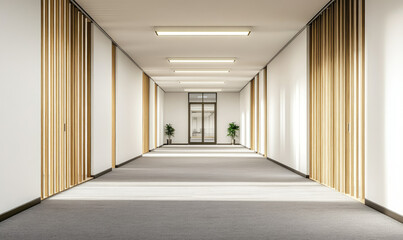 Fototapeta premium Modern interior design, minimalist style, white and wood colors, office corridor with light gray floor, wall panels on the right side of the hallway. Created with Ai