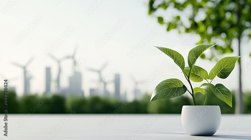 Poster futuristic smart city architecture - energy-efficient carbon-neutral buildings with sustainable mate