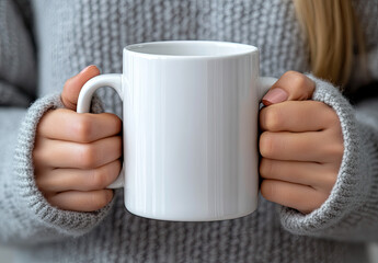  High-resolution mockup of a blank white coffee mug being held by two hands, with a woman wearing a grey sweater in the background. Created with Ai