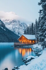 Obraz premium A cabin is surrounded by snow and trees, with a lake in the background. The cabin is lit up, creating a warm and cozy atmosphere. Concept of peace and tranquility