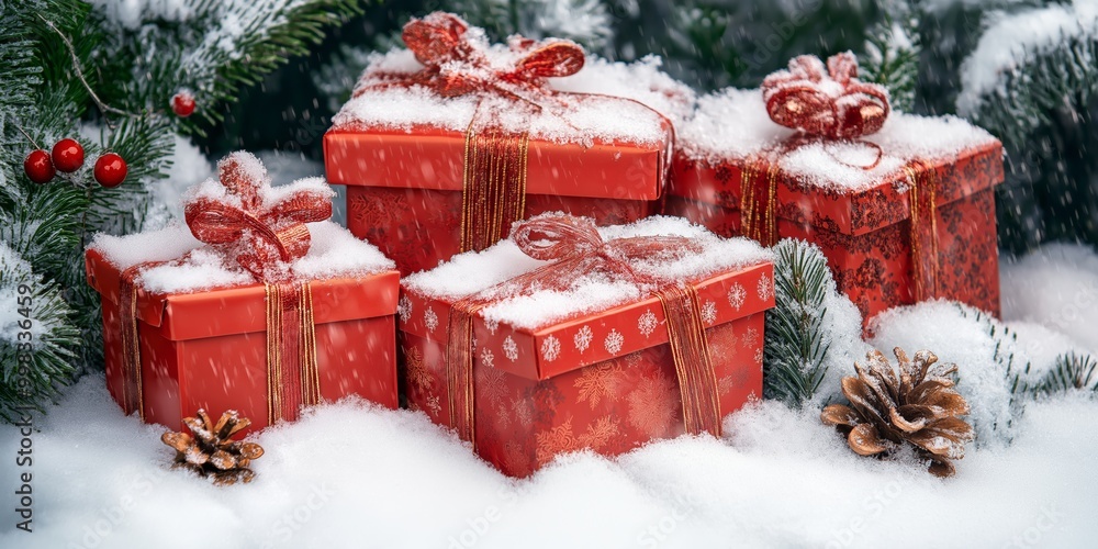Poster a row of red boxes with bows on top are covered in snow. the boxes are decorated for christmas and a