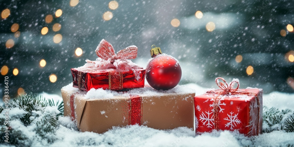 Poster a red and white christmas tree with a red ornament on top. the tree is surrounded by boxes of presen