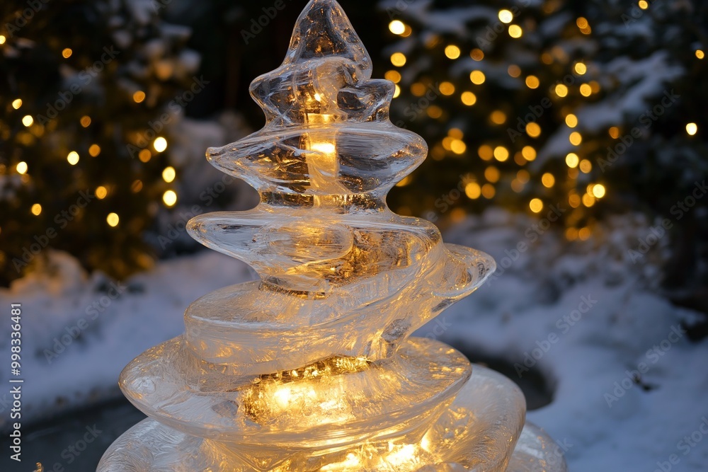 Poster a christmas tree made of ice is lit up with lights. the tree is surrounded by snow and is placed in 