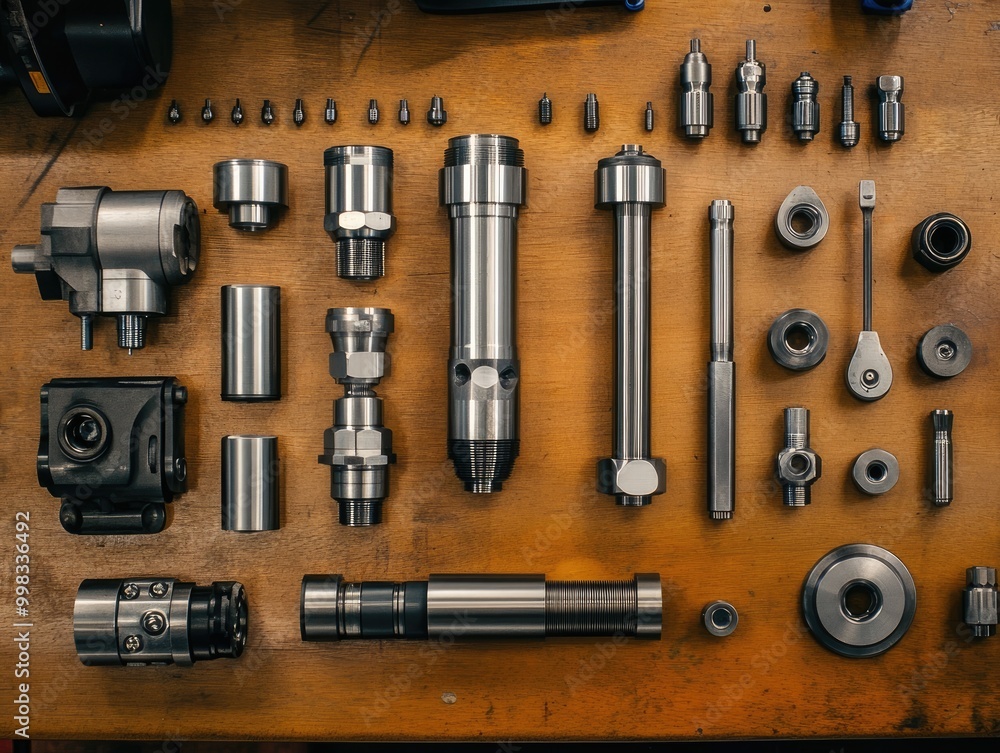 Aufkleber a set of precision machine tools laid out on a workbench, ready for use