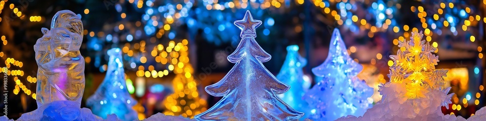 Poster a row of christmas trees made of ice, with a star on top of each one. the trees are lit up with ligh