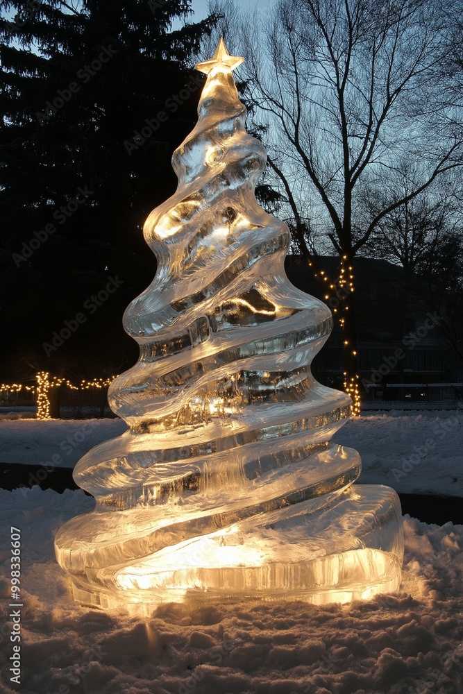 Poster a large, lit up ice sculpture of a christmas tree. the tree is made of ice and has a star on top. th