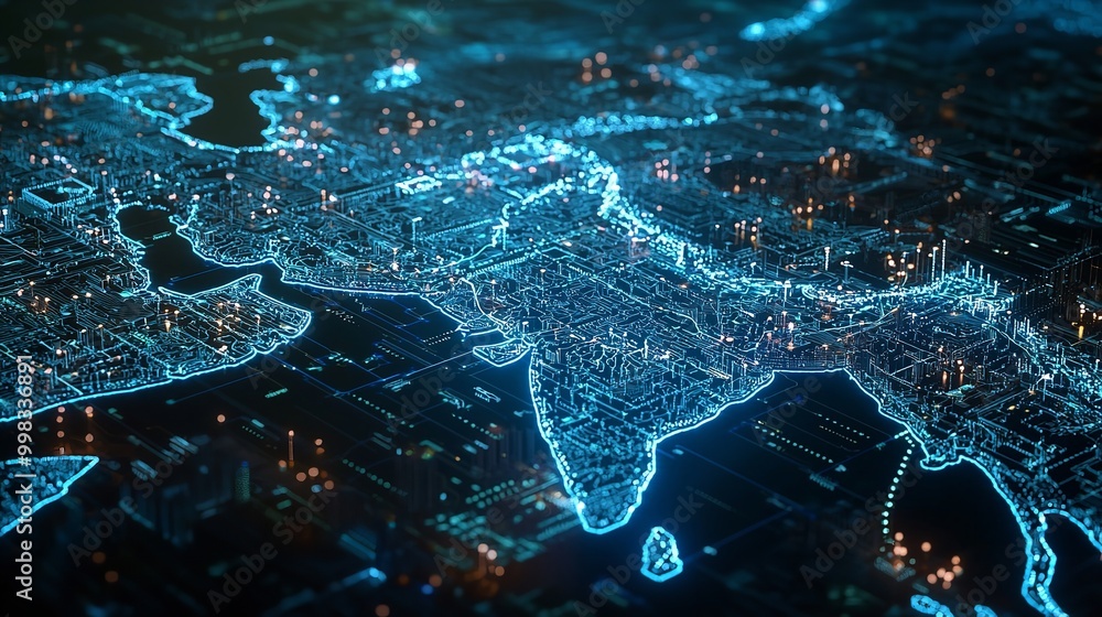 Poster abstract cyber landscape with glowing network lines and digital grids, representing the vast, interc