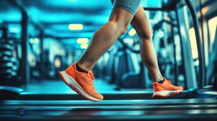 Woman running on treadmill at gym in streetwear, low-angle view of orange sneakers