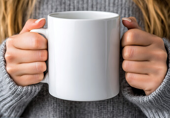  High-resolution mockup of a white coffee mug being held by two hands. The background features a woman wearing a grey sweater with long hair. Created with Ai