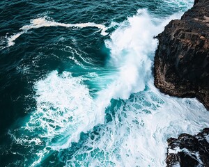 Majestic ocean waves crashing against rugged cliffs.