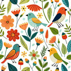 Aesthetic Birds and Floral Whimsy Vector Pattern – Bright, Cheerful Nature Illustration