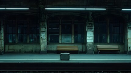 A stark image of an empty train station with dim lighting, featuring a lone suitcase sitting forlornly on the platform, surrounded by abandoned benches and fading signage, evoking feelings of 