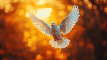 Photo of a dove flying against the sky,  feeling of peace and hope 