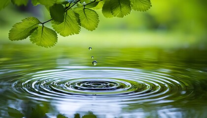 Raindrop creating ripples in a serene pond surrounded by vibrant green leaves. - Powered by Adobe