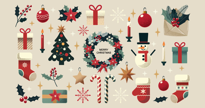 Christmas-themed vector illustration with a grain effect on shadows, featuring festive elements such as a wreath, snowman, Christmas tree, gifts, and decorations in a minimalistic flat style