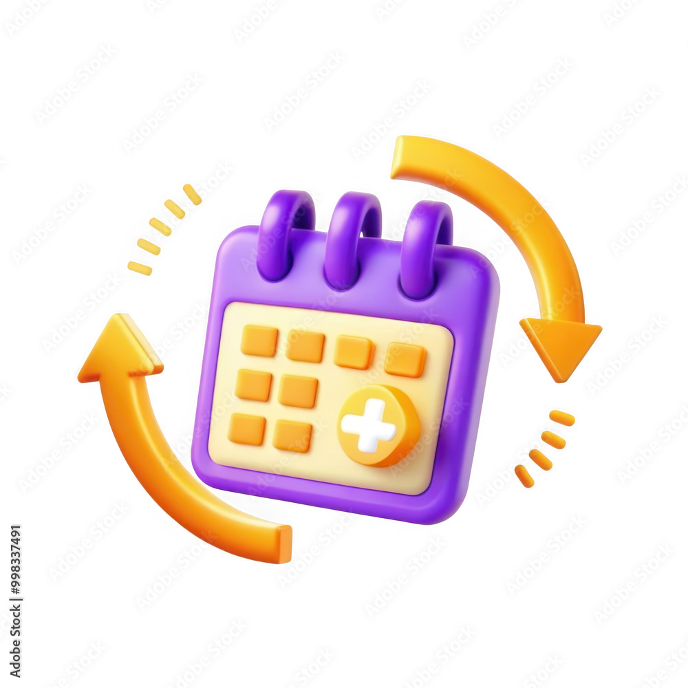 Poster a 3d rendering of a vibrant calendar icon with arrows, representing time management and scheduling. 