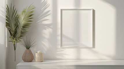  3D rendering of an empty white picture frame on the wall. The background is white and minimalistic. Created with Ai