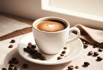 Fototapeta premium A white ceramic cup filled with freshly brewed coffee, surrounded by coffee beans on a white saucer
