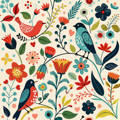 Aesthetic Birds and Floral Whimsy Vector Pattern – Bright, Cheerful Nature Illustration