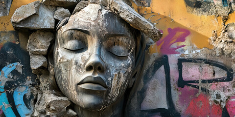 The Crumbling Walls of Oppression: A collapsed statue toppled to the ground, revealing the graffiti that once hid it.