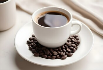 A white ceramic cup filled with freshly brewed coffee, surrounded by coffee beans on a white saucer