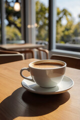 Hot Coffee Cup with Steam on Table in Cozy Cafe with Blurred Lights in Warm Atmosphere