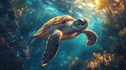 Fototapeta premium Frontal view of a sea turtle gracefully navigating through a kelp forest, enchanting bioluminescent plants lighting the ocean depths