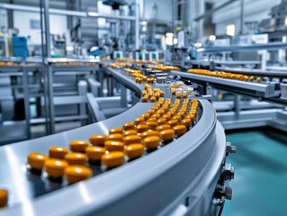 Fototapeta premium Tablets and pills on production line in medical factory, sharp focus and soft shadows