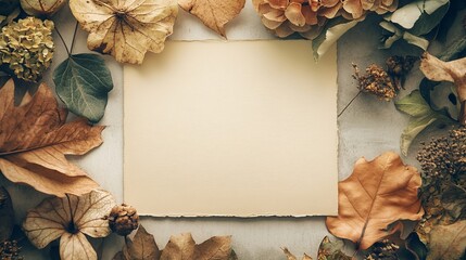 An autumn-inspired composition features a blank sheet of paper amidst dried flowers and leaves, arranged on a soft beige background. This evocative image captures the essence of the fall season