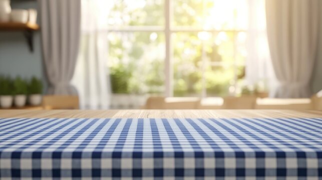 Contemporary kitchen scene featuring a wooden table adorned with a blue and white checkered tablecloth set against a softly blurred background High quality image