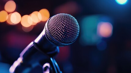 Contemporary microphone situated in a recording studio featuring a close up view of the device on stage