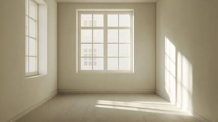 Empty room featuring a window in neutral tones showcasing minimalist home interiors with ample copy space