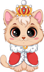 Prince Cat with Royal Crown and Cape. Cute Vector Illustration