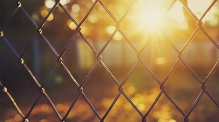 Fototapeta premium Close up view of a chain link fence bathed in warm sunlight creating a serene outdoor atmosphere