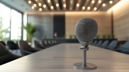 Microphone poised for use in a contemporary meeting space