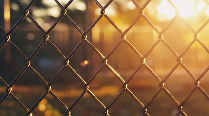 Naklejka premium Close up view of a chain link fence bathed in warm sunlight creating a serene outdoor atmosphere