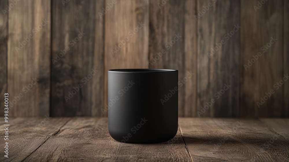 Aufkleber a monochrome container rests on a wooden surface highlighting the contrast between colors and textur