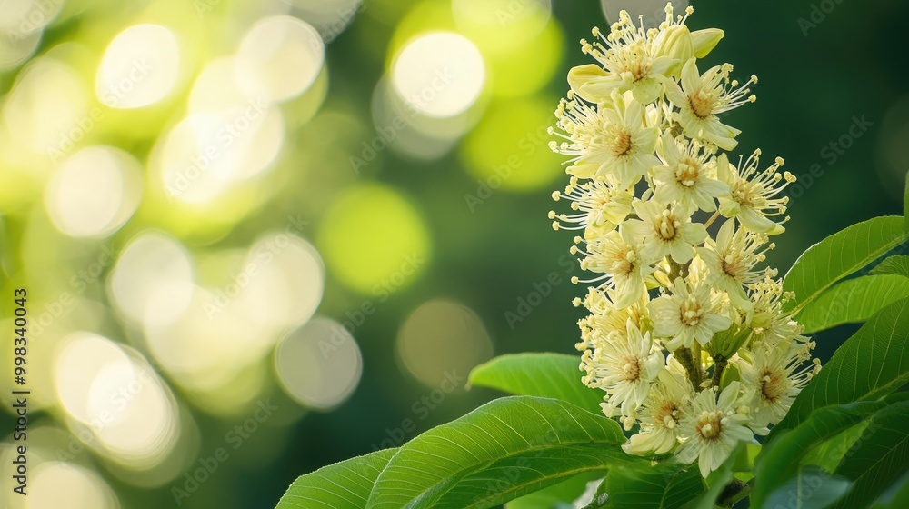 Poster springtime chestnut tree in bloom showcasing vibrant green leaves and flowers against a softly blurr