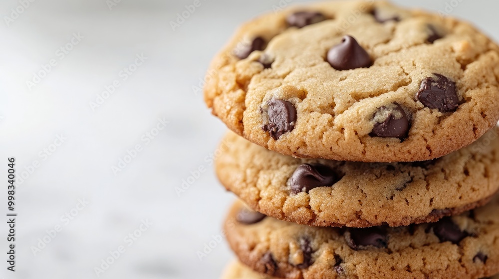 Poster close up of a stack of chocolate chip cookies on a white backdrop a delightful representation of des