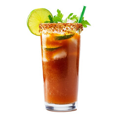 Spicy Michelada Cocktail glass with Fresh Lime Slice and Cilantro Leaf, Traditional Mexican Drink Made With Beer, Lime Juice and Spices, Isolated on Transparent Background