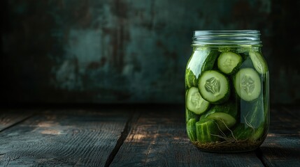Homemade pickled cucumbers in a glass jar placed on a dark wooden surface offering ample copy space