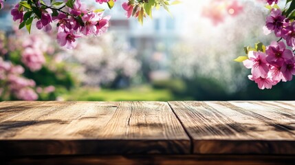 Wooden table set against a spring backdrop adorned with blooming flowers